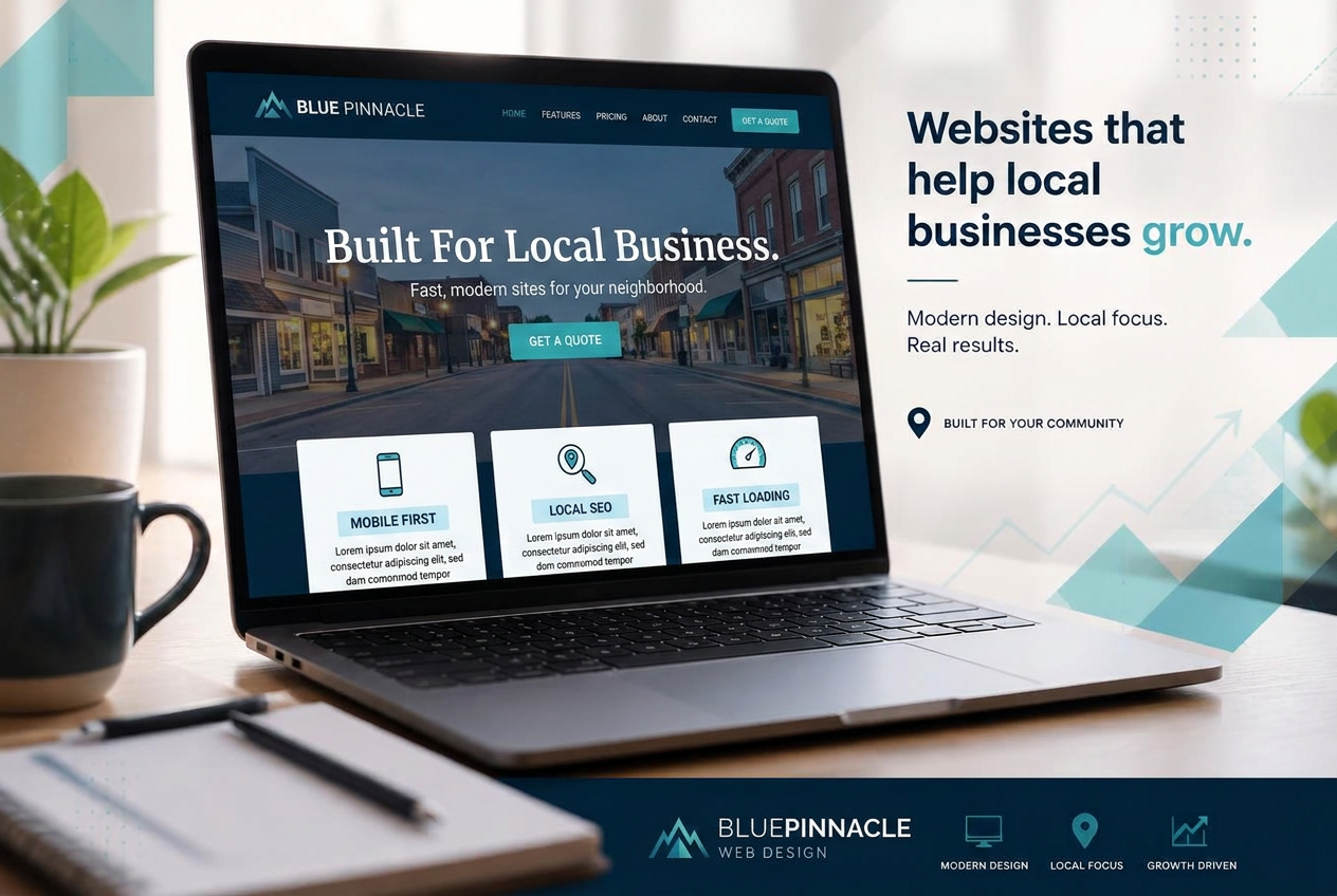 Laptop showing a local business website designed by Blue Pinnacle